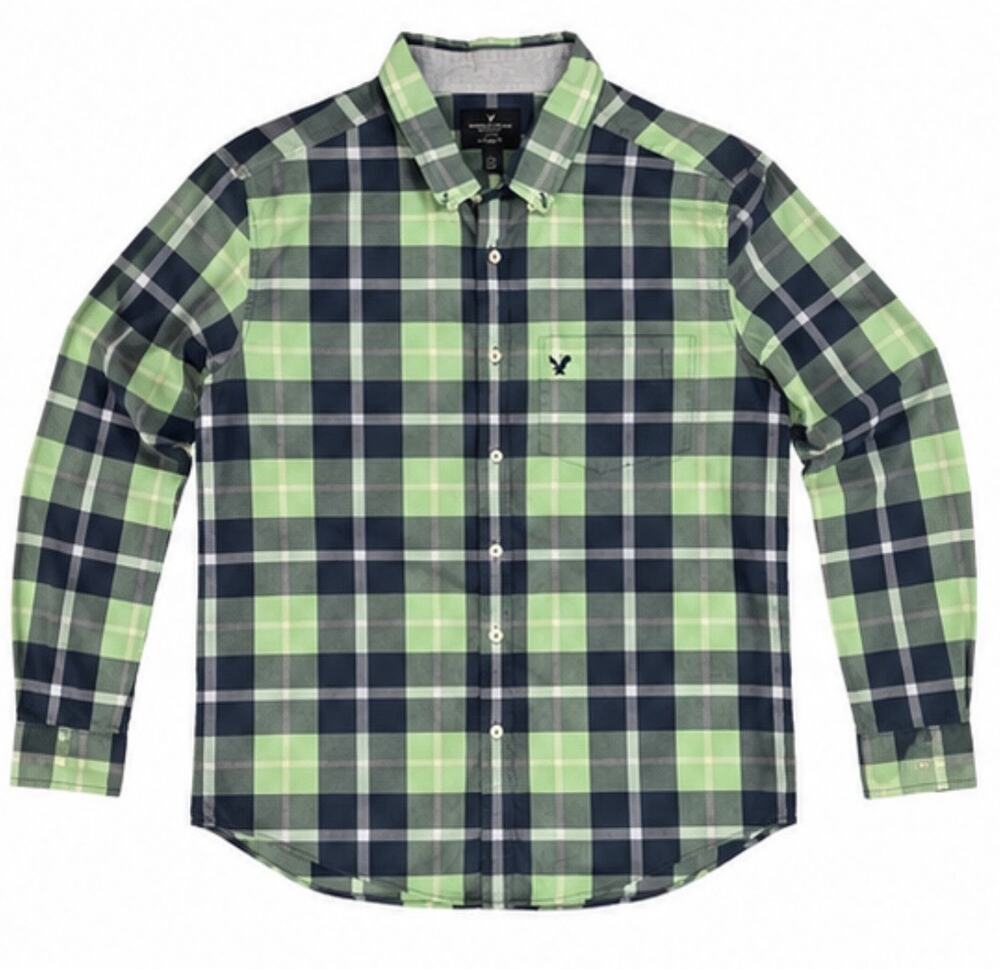 American Eagle Men’s Large Classic Fit Plaid Button Down Shirt Green Navy Logo